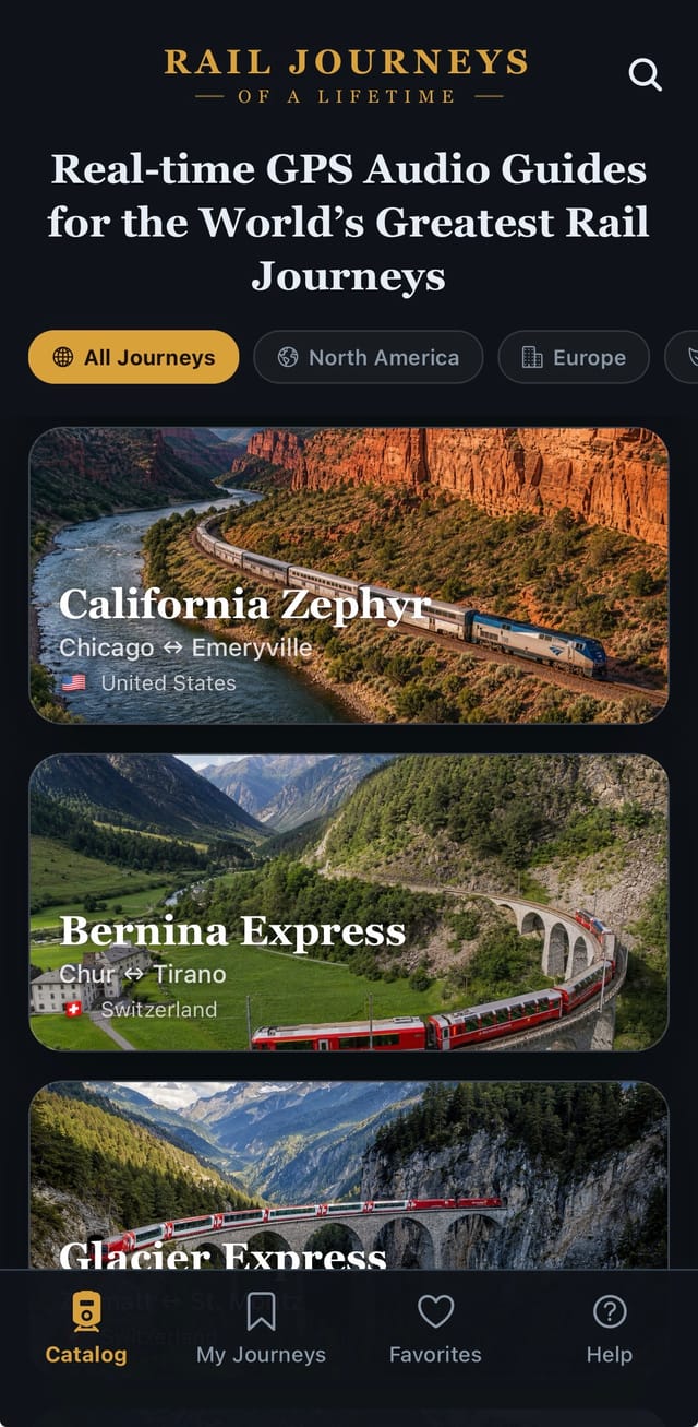 App catalog screen listing the California Zephyr, Bernina Express, and Glacier Express journeys