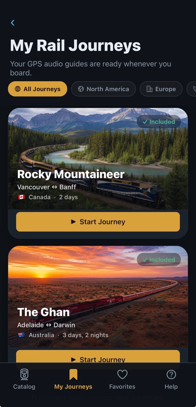 My Rail Journeys screen with the Rocky Mountaineer and The Ghan ready to start